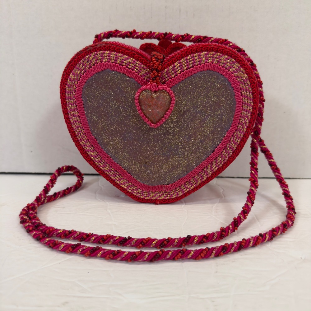 Vtg Mary Frances Heart Purse Beaded Floral Crossbody Pink Red Y2K Bag Valentines - Picture 3 of 10